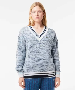 Lacoste Pullover>Alpaka-Pullover Mit V-Ausschnitt Und Kontraststreifen Weis / Navy Blau / Blau Lxi