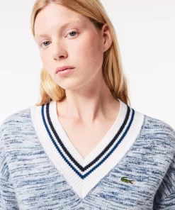 Lacoste Pullover>Alpaka-Pullover Mit V-Ausschnitt Und Kontraststreifen Weis / Navy Blau / Blau Lxi