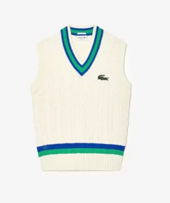 Lacoste Pullover>Armelloser Pullover Im Zopfmuster Mit Streifen Weis / Blau / Grun P4I