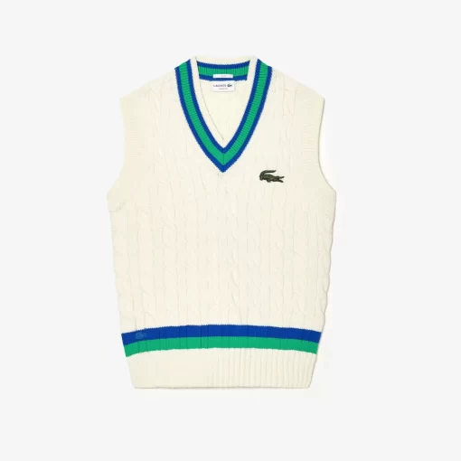 Lacoste Pullover>Armelloser Pullover Im Zopfmuster Mit Streifen Weis / Blau / Grun P4I