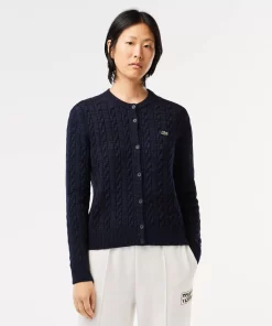 Lacoste Pullover>Cardigan Aus Baumwoll- Wollmischung Mit Zopfmuster Navy Blau L6L