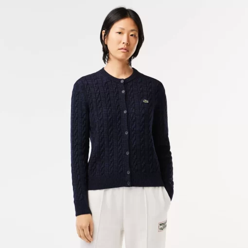 Lacoste Pullover>Cardigan Aus Baumwoll- Wollmischung Mit Zopfmuster Navy Blau L6L