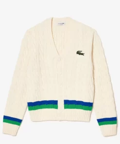 Lacoste Pullover>Cardigan Im Zopfmuster Mit Streifendetail Weis / Blau / Grun P4I