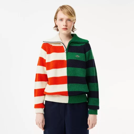 Lacoste Pullover>Colourblock-Wollpullover Mit Kontraststreifen Und Kragen Mit Reisverschluss Weis / Orange / Navy Blau / Grun / Blau Qi5