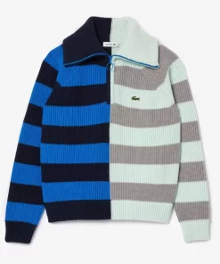 Lacoste Pullover>Colourblock-Wollpullover Mit Kontraststreifen Und Kragen Mit Reisverschluss Heidekraut Grau / Navy Blau / Blau / Weis / Hellblau L0I