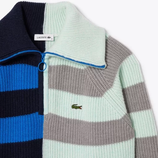 Lacoste Pullover>Colourblock-Wollpullover Mit Kontraststreifen Und Kragen Mit Reisverschluss Heidekraut Grau / Navy Blau / Blau / Weis / Hellblau L0I