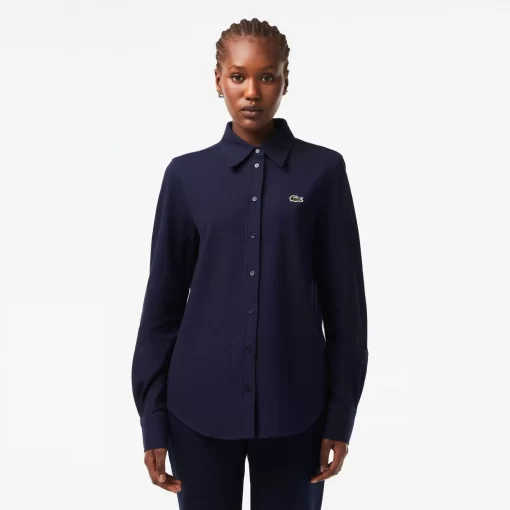 Lacoste Hemden & Tops>Damen Bluse Mit French-Kragen Aus Baumwoll-Pique Navy Blau 166