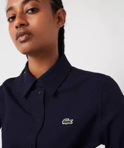 Lacoste Hemden & Tops>Damen Bluse Mit French-Kragen Aus Baumwoll-Pique Navy Blau 166