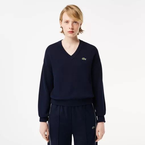 Lacoste Pullover>Damen Pullover Aus Bio-Baumwolle Mit V-Ausschnitt Navy Blau 166