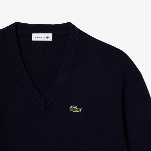 Lacoste Pullover>Damen Pullover Aus Bio-Baumwolle Mit V-Ausschnitt Navy Blau 166