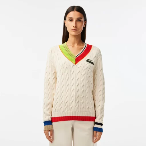 Lacoste Pullover>Damen Pullover Mit V-Ausschnitt Und Zopfmuster Weis R1T