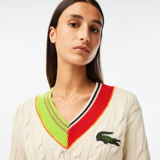 Lacoste Pullover>Damen Pullover Mit V-Ausschnitt Und Zopfmuster Weis R1T