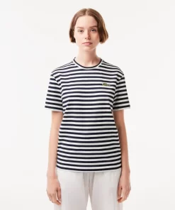 Lacoste T-Shirts>Damen T-Shirt Aus Gestreiftem Baumwolljersey Navy Blau / Weis Hhw