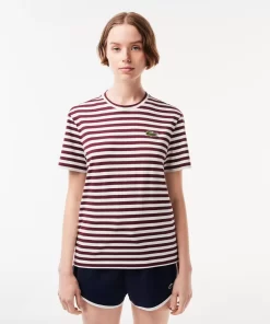 Lacoste T-Shirts>Damen T-Shirt Aus Gestreiftem Baumwolljersey Burgunder / Weis Nki