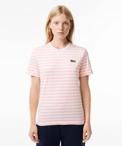 Lacoste T-Shirts>Damen T-Shirt Aus Gestreiftem Baumwolljersey Rosa / Weis J0I