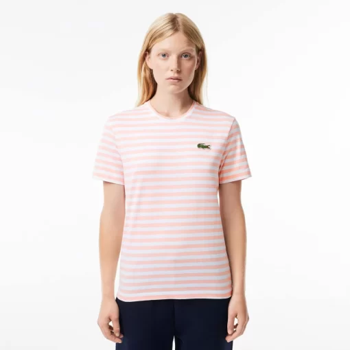 Lacoste T-Shirts>Damen T-Shirt Aus Gestreiftem Baumwolljersey Rosa / Weis J0I