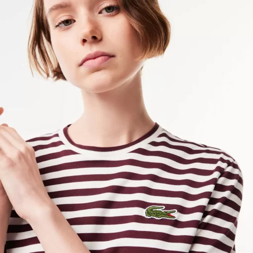 Lacoste T-Shirts>Damen T-Shirt Aus Gestreiftem Baumwolljersey Burgunder / Weis Nki