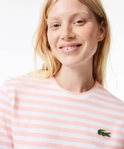 Lacoste T-Shirts>Damen T-Shirt Aus Gestreiftem Baumwolljersey Rosa / Weis J0I