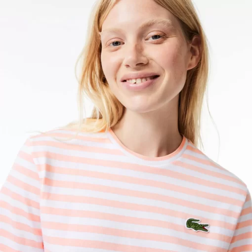 Lacoste T-Shirts>Damen T-Shirt Aus Gestreiftem Baumwolljersey Rosa / Weis J0I