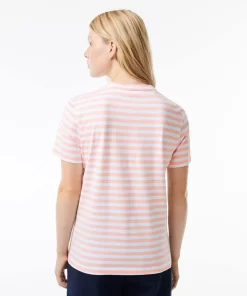 Lacoste T-Shirts>Damen T-Shirt Aus Gestreiftem Baumwolljersey Rosa / Weis J0I