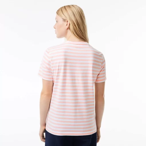 Lacoste T-Shirts>Damen T-Shirt Aus Gestreiftem Baumwolljersey Rosa / Weis J0I