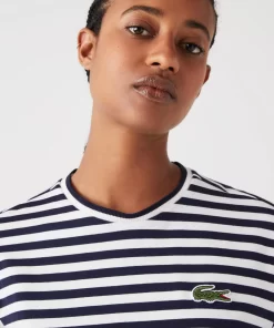 Lacoste T-Shirts>Damen T-Shirt Aus Gestreiftem Baumwolljersey Navy Blau / Weis Hhw