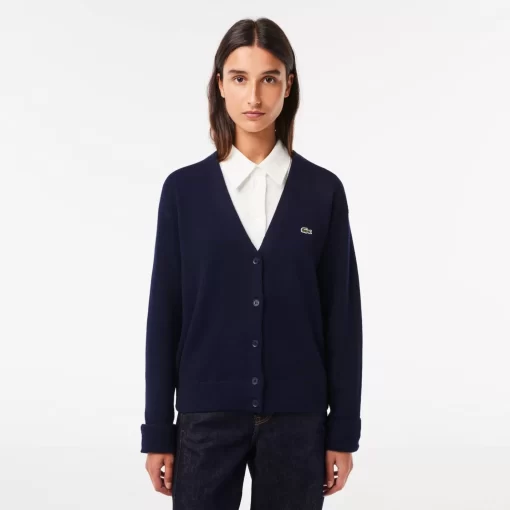 Lacoste Pullover>Damen Woll-Cardigan Mit V-Ausschnitt Navy Blau 166