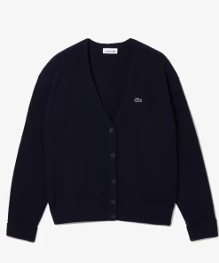 Lacoste Pullover>Damen Woll-Cardigan Mit V-Ausschnitt Navy Blau 166