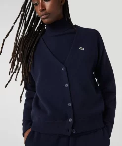 Lacoste Pullover>Damen Woll-Cardigan Mit V-Ausschnitt Navy Blau 166