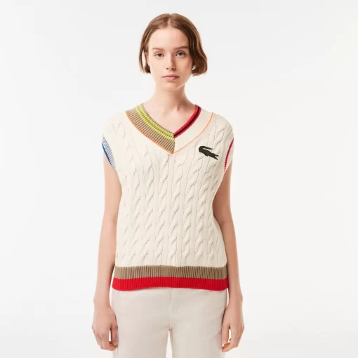 Lacoste Pullover>Damen Pullover-Weste Mit Zopfmuster Weis R1T