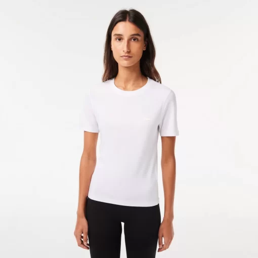 Lacoste T-Shirts>Damen Slim Fit T-Shirt Mit Rundhals Aus Baumwollmischung Weis 001