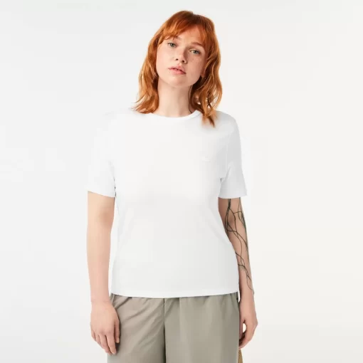 Lacoste T-Shirts>Damen Slim Fit T-Shirt Mit Rundhals Aus Baumwollmischung Weis 001