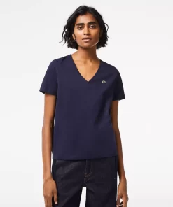 Lacoste T-Shirts>Damen-T-Shirt Aus Baumwolle Mit V-Ausschnitt Navy Blau 166