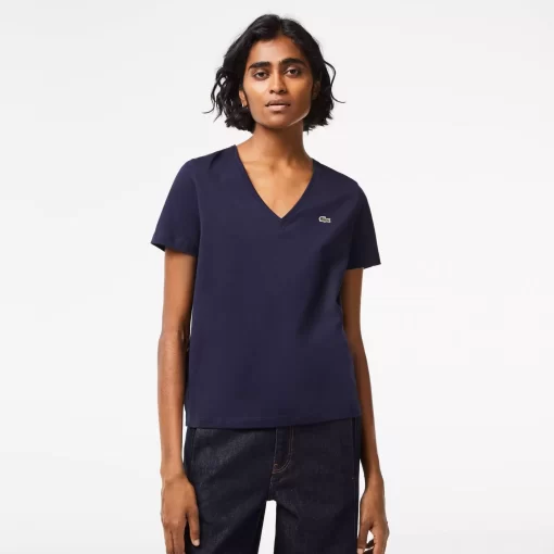 Lacoste T-Shirts>Damen-T-Shirt Aus Baumwolle Mit V-Ausschnitt Navy Blau 166