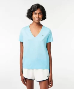 Lacoste T-Shirts>Damen-T-Shirt Aus Baumwolle Mit V-Ausschnitt Hellblau Siz