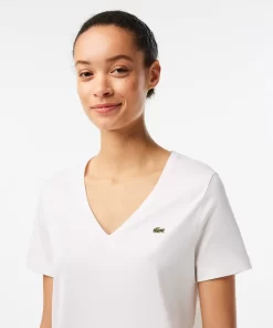 Lacoste T-Shirts>Damen-T-Shirt Aus Baumwolle Mit V-Ausschnitt Weis 001