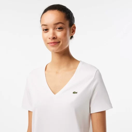 Lacoste T-Shirts>Damen-T-Shirt Aus Baumwolle Mit V-Ausschnitt Weis 001