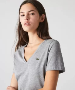 Lacoste T-Shirts>Damen-T-Shirt Aus Baumwolle Mit V-Ausschnitt Heidekraut Grau Cca