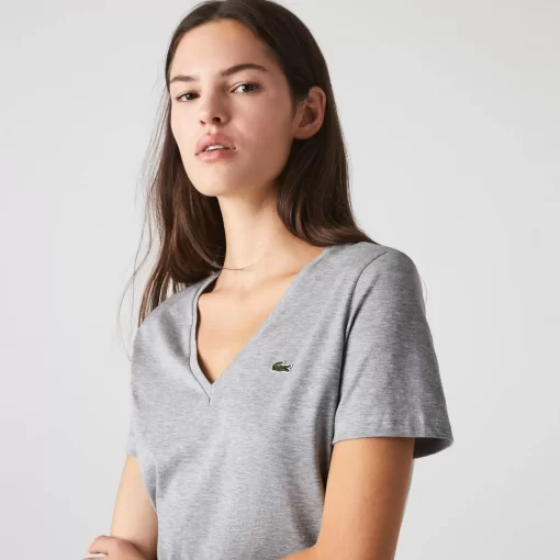 Lacoste T-Shirts>Damen-T-Shirt Aus Baumwolle Mit V-Ausschnitt Heidekraut Grau Cca