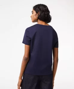 Lacoste T-Shirts>Damen-T-Shirt Aus Baumwolle Mit V-Ausschnitt Navy Blau 166