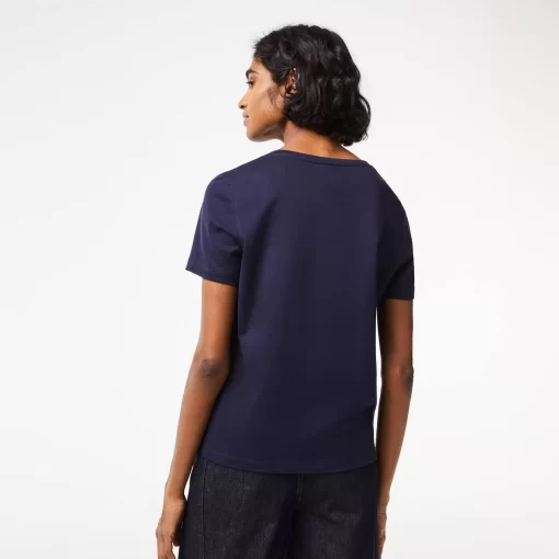 Lacoste T-Shirts>Damen-T-Shirt Aus Baumwolle Mit V-Ausschnitt Navy Blau 166