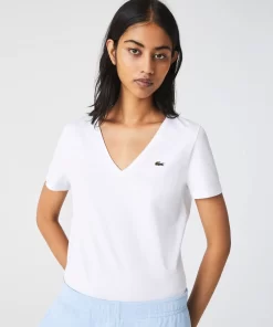 Lacoste T-Shirts>Damen-T-Shirt Aus Baumwolle Mit V-Ausschnitt Weis 001