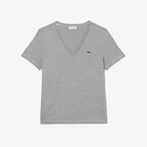 Lacoste T-Shirts>Damen-T-Shirt Aus Baumwolle Mit V-Ausschnitt Heidekraut Grau Cca