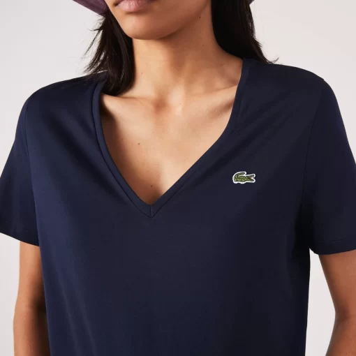 Lacoste T-Shirts>Damen-T-Shirt Aus Baumwolle Mit V-Ausschnitt Navy Blau 166