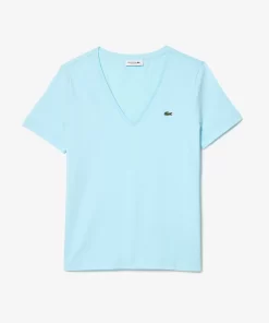 Lacoste T-Shirts>Damen-T-Shirt Aus Baumwolle Mit V-Ausschnitt Hellblau Siz