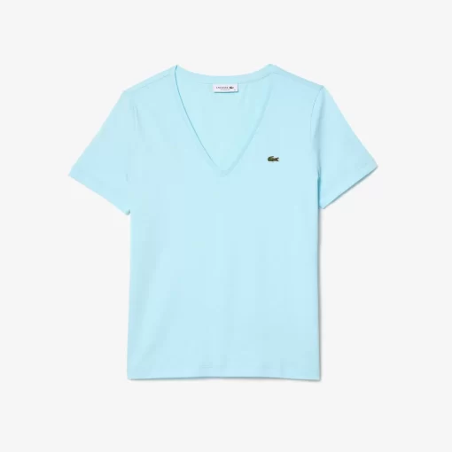 Lacoste T-Shirts>Damen-T-Shirt Aus Baumwolle Mit V-Ausschnitt Hellblau Siz