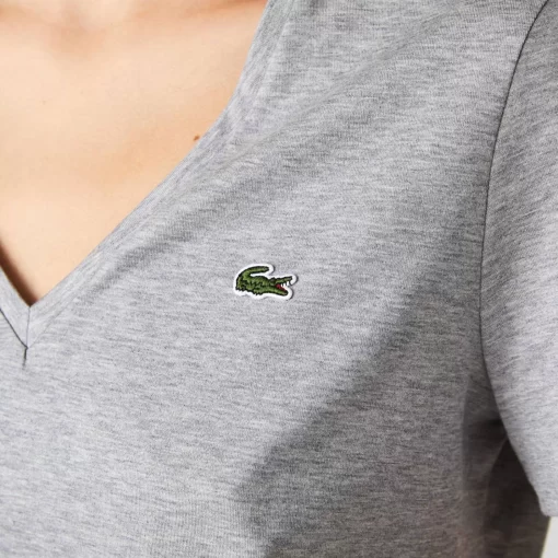 Lacoste T-Shirts>Damen-T-Shirt Aus Baumwolle Mit V-Ausschnitt Heidekraut Grau Cca