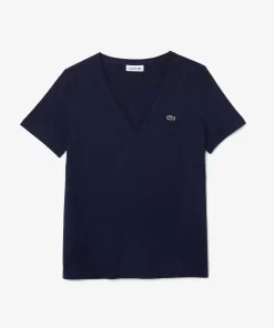 Lacoste T-Shirts>Damen-T-Shirt Aus Baumwolle Mit V-Ausschnitt Navy Blau 166