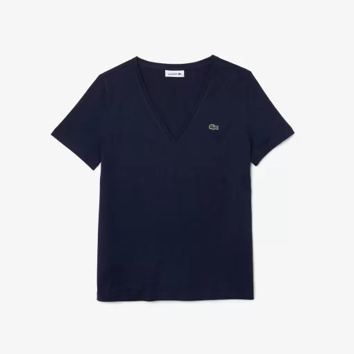 Lacoste T-Shirts>Damen-T-Shirt Aus Baumwolle Mit V-Ausschnitt Navy Blau 166