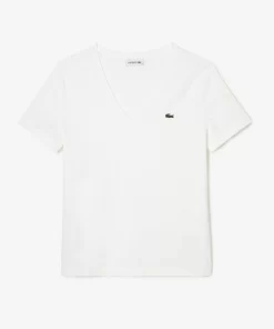 Lacoste T-Shirts>Damen-T-Shirt Aus Baumwolle Mit V-Ausschnitt Weis 001